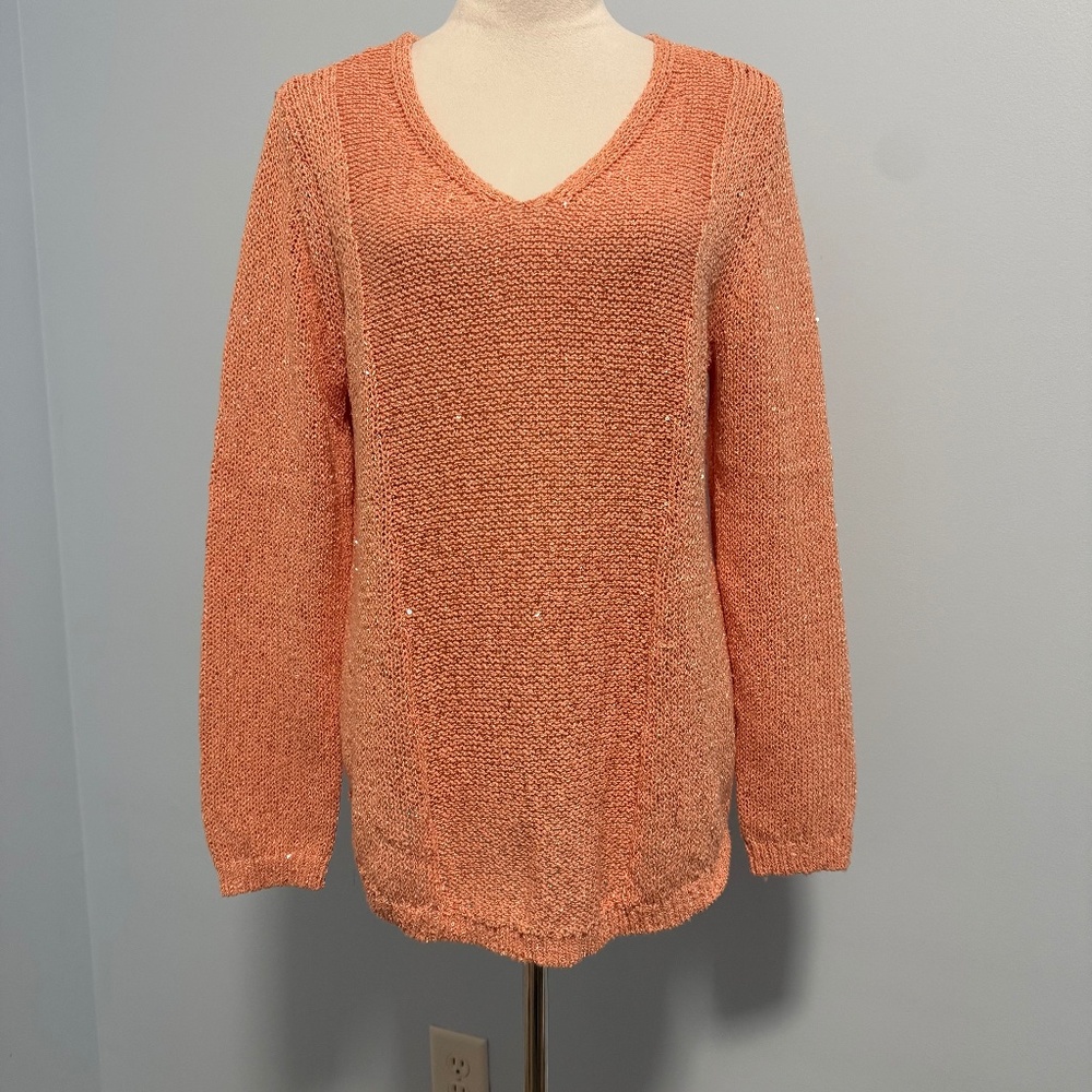 CHICOS 2‎ PEACH SPARKLE COTTON BLEND PULLOVER SWEATER SIZE L